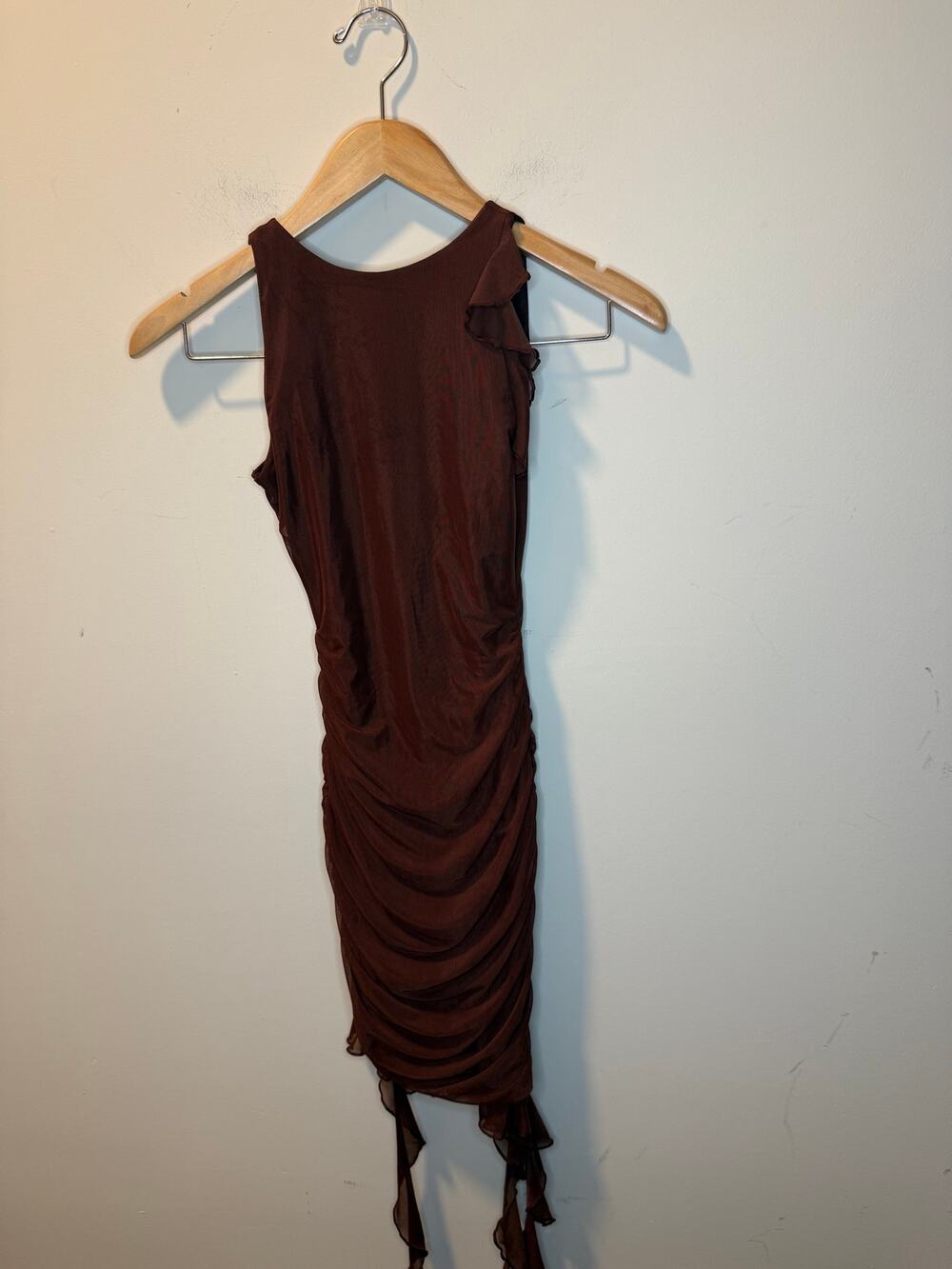 Oh Polly Brown Ruched Mesh Midi Dress Open Back Ruffle Women’s US 0